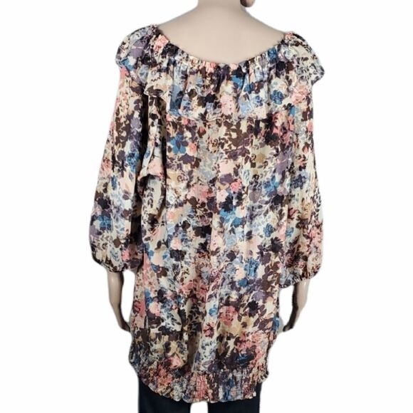 Lane Bryant Floral Pink & Brown Top with Ruffle Collar - Picture 2 of 4